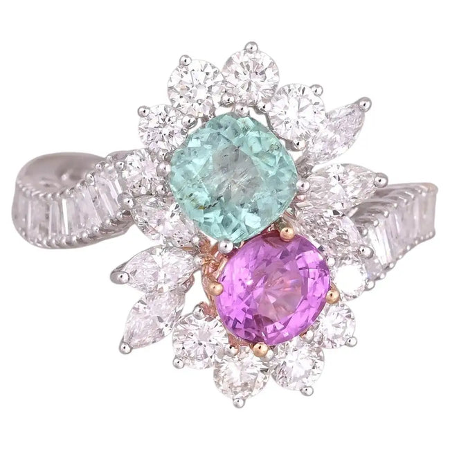18k White Gold Diamond Toi et Moi Ring - Natural Pink Sapphire & Paraiba Tourmaline Cocktail Ring Hover Image