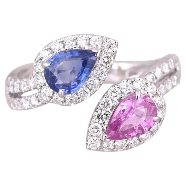Blue & Pink Sapphire Gemstone Ring - 18k White Gold Diamond Minimalist Ring Hover Image