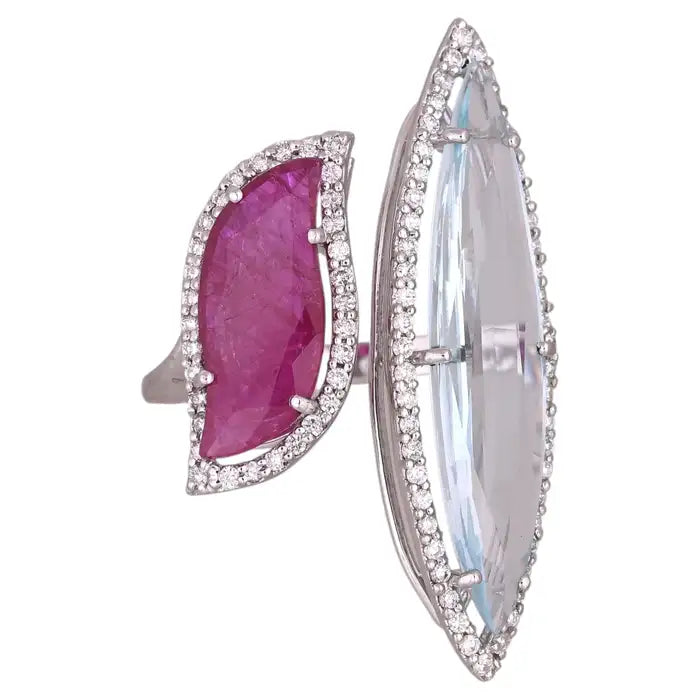 Natural Aquamarine & Mozambique Ruby Ring - 18k White Gold Diamond Ring