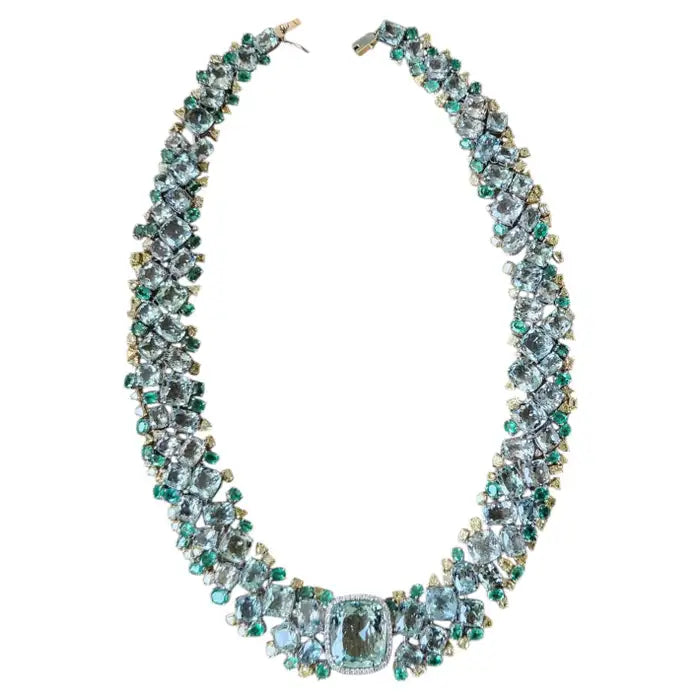 Natural Aquamarine & Zambian Emerald Necklace - 18k White Gold & Yellow Diamond Necklace