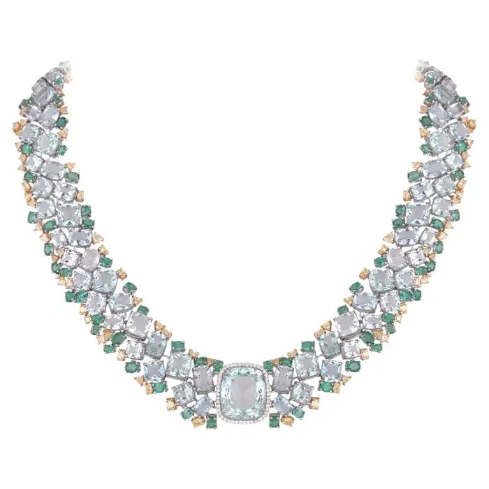 Natural Aquamarine & Zambian Emerald Necklace - 18k White Gold & Yellow Diamond Necklace