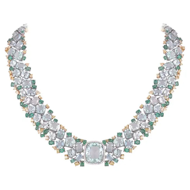 Natural Aquamarine & Zambian Emerald Necklace - 18k White Gold & Yellow Diamond Necklace Hover Image