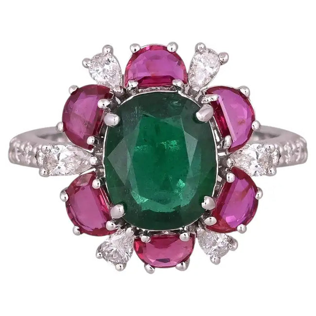 Natural Mozambique Ruby & Zambian Emerald Cocktail Ring - 18k White Gold Diamond Ring Hover Image