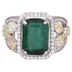 Natural Zambian Emerald Cocktail Ring - 18k White Gold Ring With Yellow Diamonds