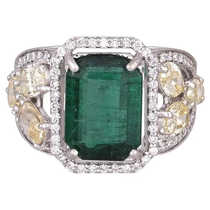 Natural Zambian Emerald Cocktail Ring - 18k White Gold Ring With Yellow Diamonds