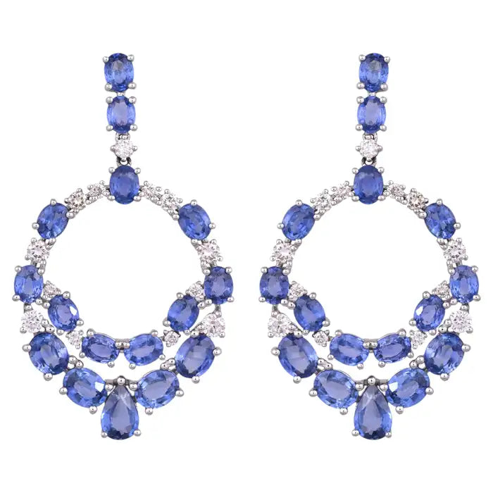 18k White Gold Diamond Handmade Earrings - Natural Blue Sapphire Dangle Earrings
