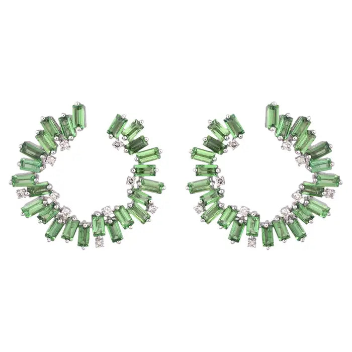 18k White Gold Diamond Earrings Natural Tsavorite Hoop Earrings