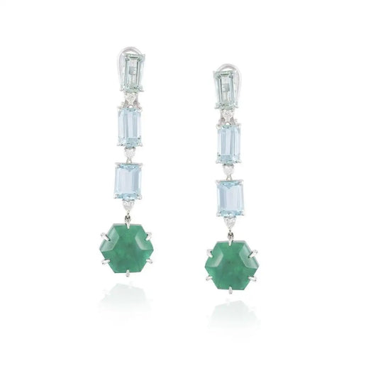 Aquamarine, Emeralds and Diamonds Chandelier Earrings