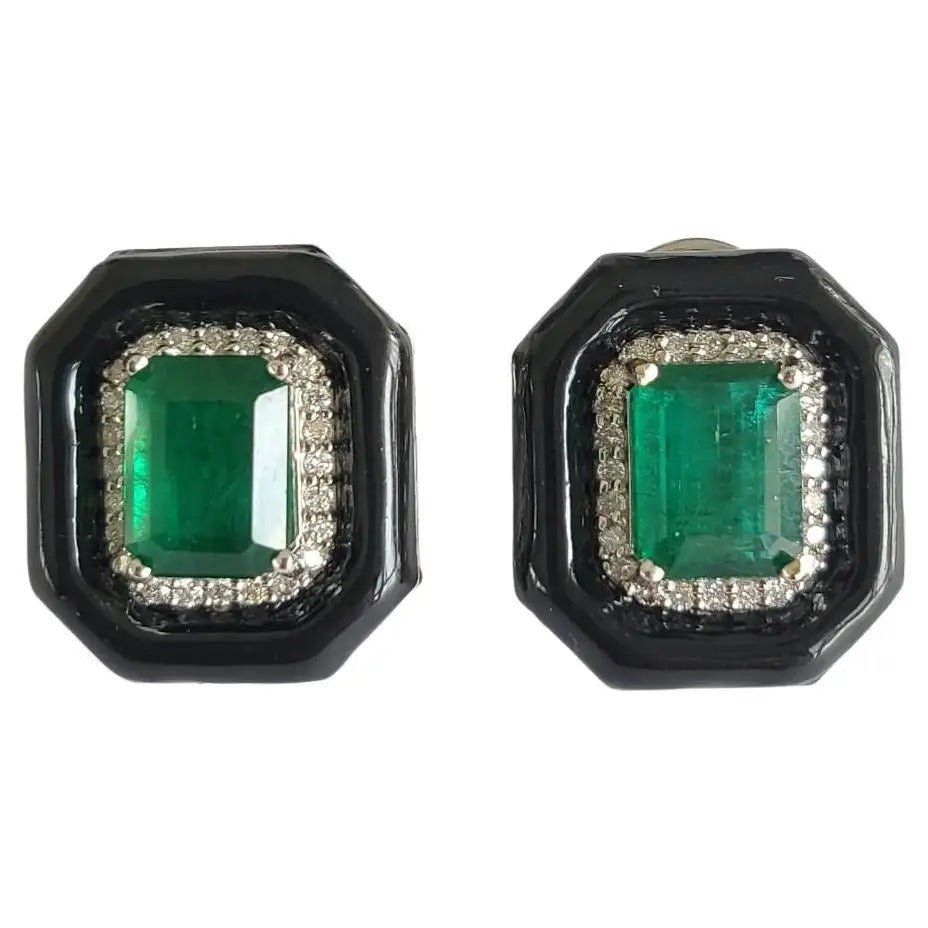 Natural Zambian Emerald 5.15 Carats, Diamonds & Black Enamel Stud Earrings
