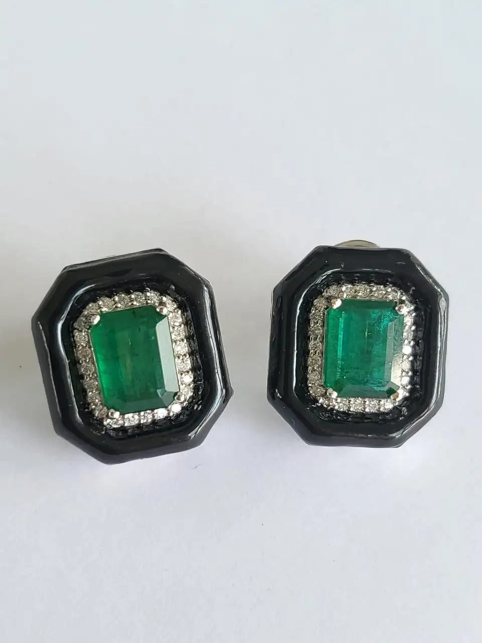 Natural Zambian Emerald 5.15 Carats, Diamonds & Black Enamel Stud Earrings