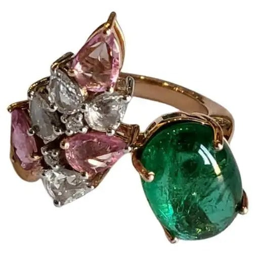 Zambian Emerald Cabochon, Pink Sapphires & Diamonds Cocktail Ring