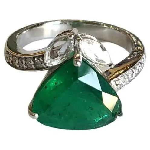 Natural Zambian Emerald & Rose Cut Diamonds Engagement Ring