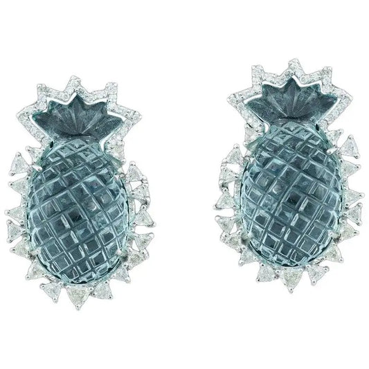 Natural Carved Aquamarine and Diamond Earrings Studs