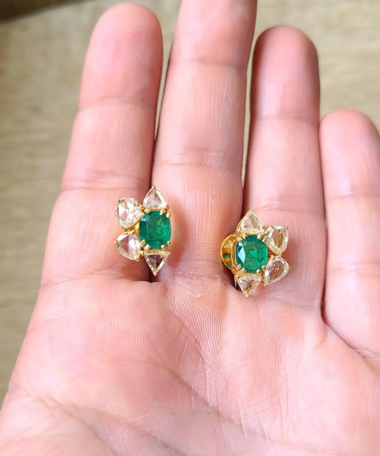 Natural Zambian Emerald Set in 18K Yellow Gold & Rose Cut Diamonds Stud Earring
