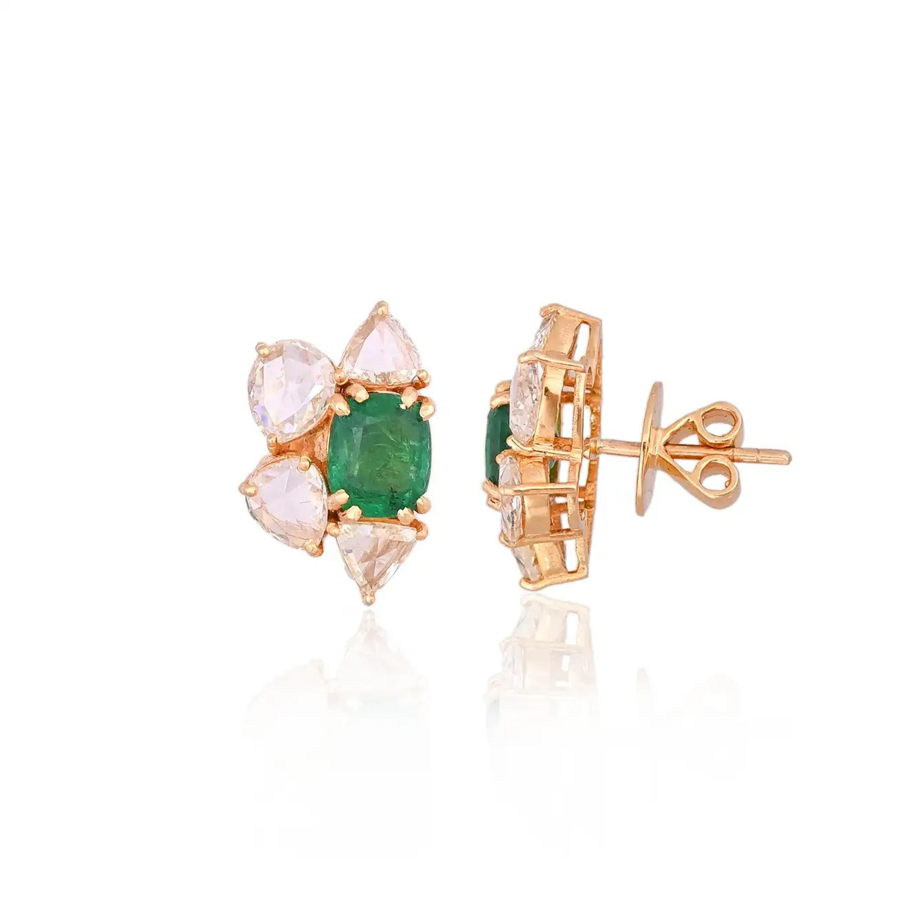 Natural Zambian Emerald Set in 18K Yellow Gold & Rose Cut Diamonds Stud Earring