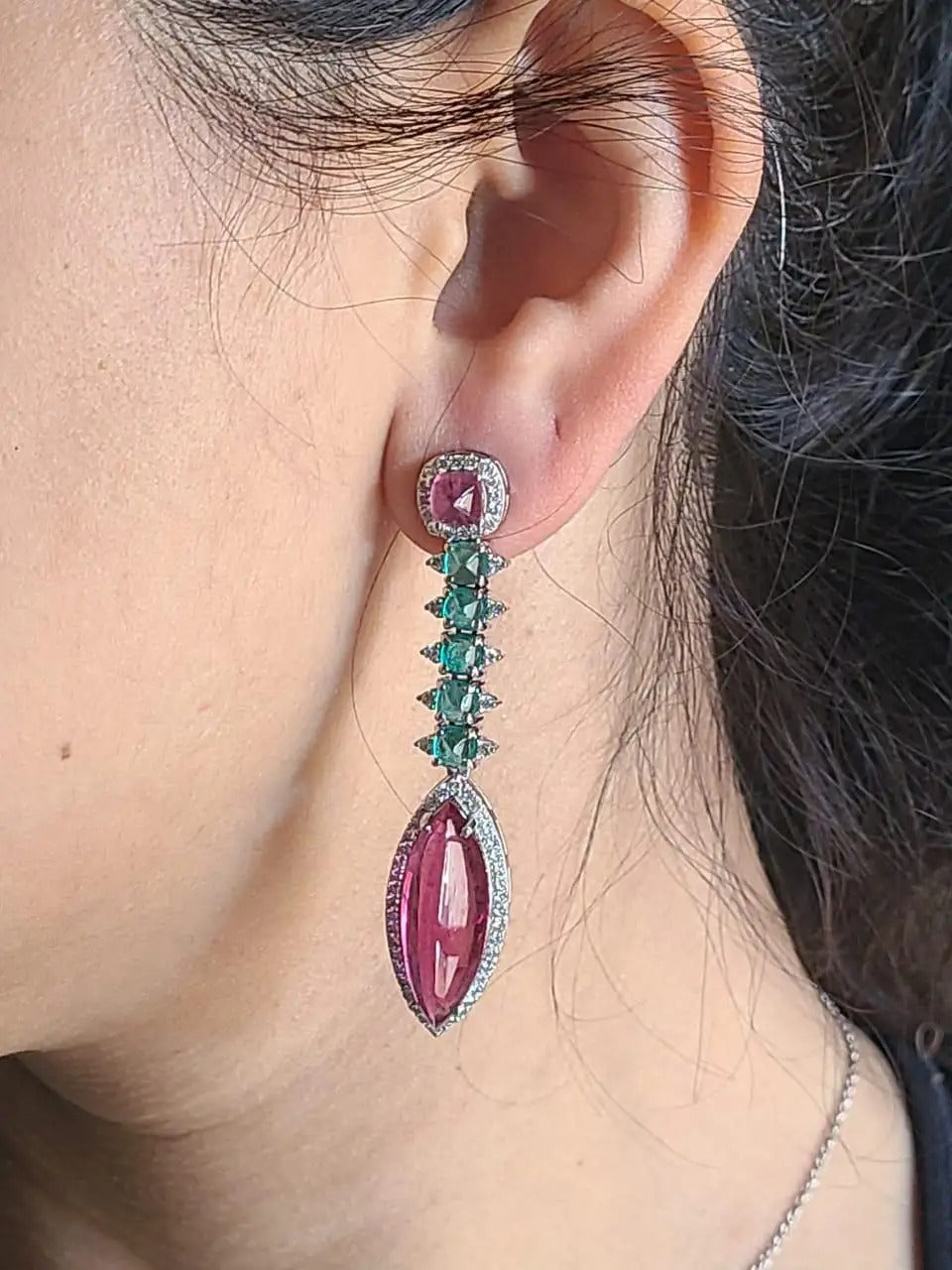 Natural Zambian Emerald, Rubellite & Diamonds Chandelier Earrings