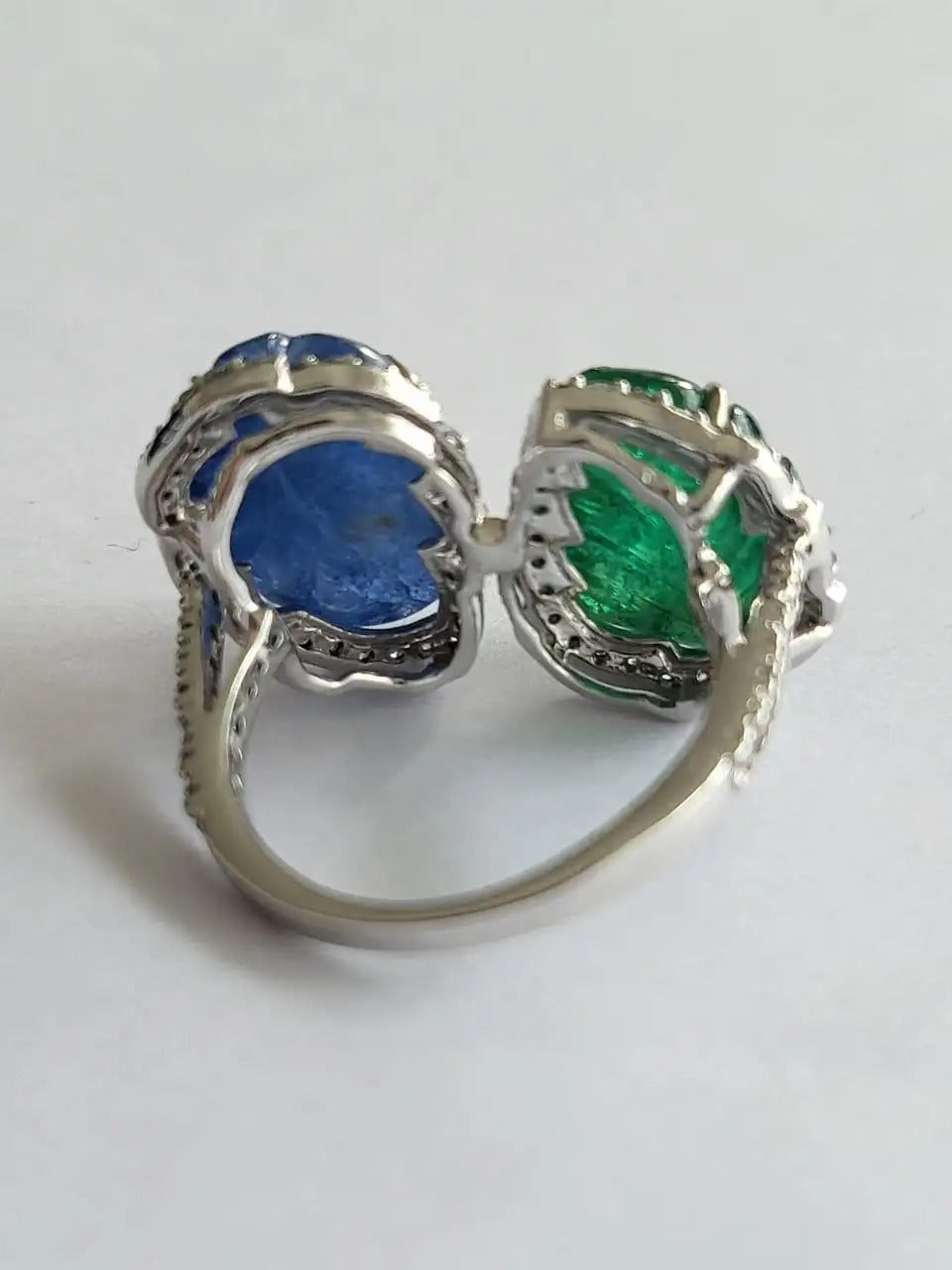 Natural carved Emerald in 18K Gold, Blue Sapphire & Diamonds Cocktail Ring