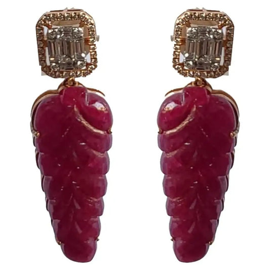 Natural Carved Mozambique Ruby & Diamonds Chandelier Earrings