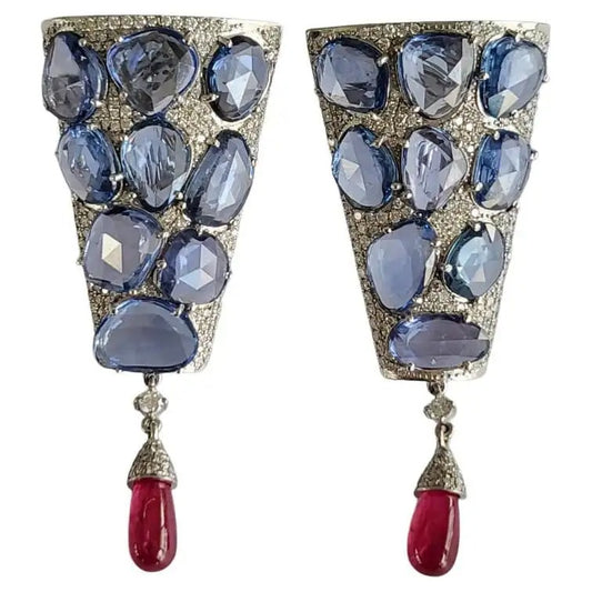 Ceylon Blue Sapphire, Ruby & Diamond Drop Dangle Earrings