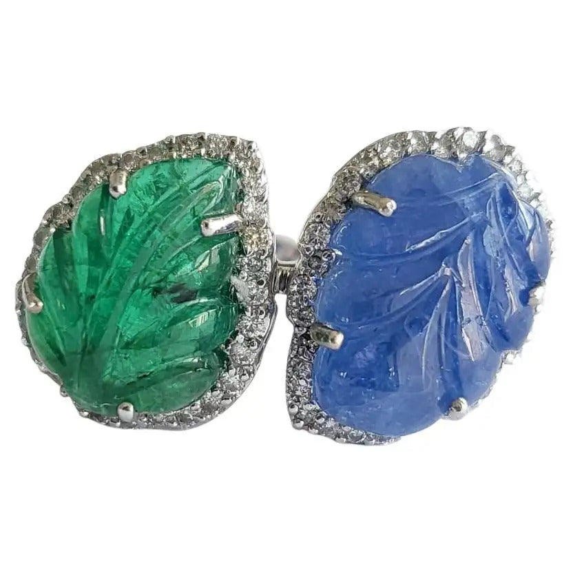 Natural carved Emerald in 18K Gold, Blue Sapphire & Diamonds Cocktail Ring